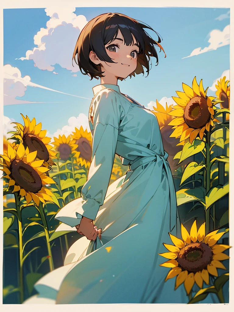 master piece, best quality, for below, cinematic angle, upper body , pigeon toed,
Anime-style Moe illustration, summer vacation theme, 20-year-old woman, sunflower field, short hair,
Picnic Maxi Dress, slightly inner thighs, smile, accurate drawing, Active pose, Active Angle,