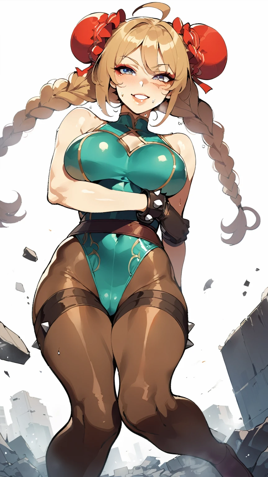 masterpiece,best quality,extreme detail,8k,cammyfn, 1girl, solo, Cammy, long hair, breasts, blue eyes,brown blonde hair, large breasts, gloves, red hat, braid, ahoge, twin braids, leotard, lips, makeup, beret, scar, antenna hair, nose, harness, huge ahoge, green leotard,sleeveless, sweaty,sweat, exhausted,sleeveless,cross eye, full body , 1girl, (solo:1.2), (jumping:1.3), (mid air:1.3), (cowboy shot:1.5), smile, happy, (masterpiece:1.3), (best quality:1.3), (perfect anatomy:1.4), highly detailed, chun li, brown eyes, short hair, double bun, bun cover, blue dress, pelvic curtain, spiked bracelet, sash, brown pantyhose, (post fight scenery:1.3), rubble, outside, daylight, nyantcha, expressive faces, anime-inspired, (cell shading:1.2), lips, merging, fusion, fused, merged
