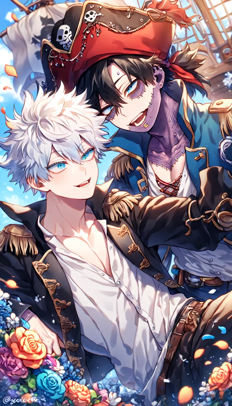 absurdres, highres, ultra detailed, HDR, master piece, best quality, extremely detailed face, delicated features, Dabi, black hair, expressive turquoise eyes, Boku No Hero Academia, Gojou Satoru, white hair, expressive blue eyes, white eyelashes, two sexy men together, yaoi, gay couple, handsome, manly man, pirate clothes, pirate hat, pirates, accessories, fantasy, magical, pirate ship, petals, flowers