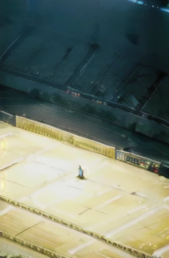 Fighting ring in Heavens Arena. Stands filled with fans in an exciting scene. Side camera showing the entire ring.