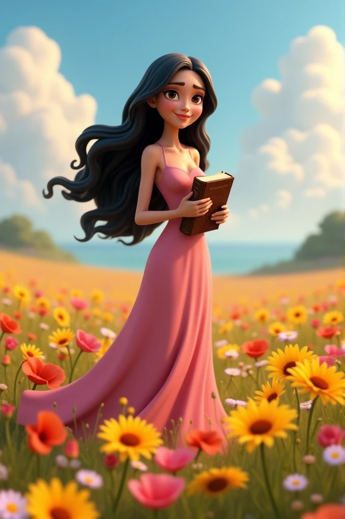Create a Pixar poster-style character in 3D in 4K. The setting is a field full of flowers. The main character is tall, has long, wavy black hair and black eyes. She is standing with her eyes open, smiling and is holding a Bible in her hands. She is wearing a long pink dress.