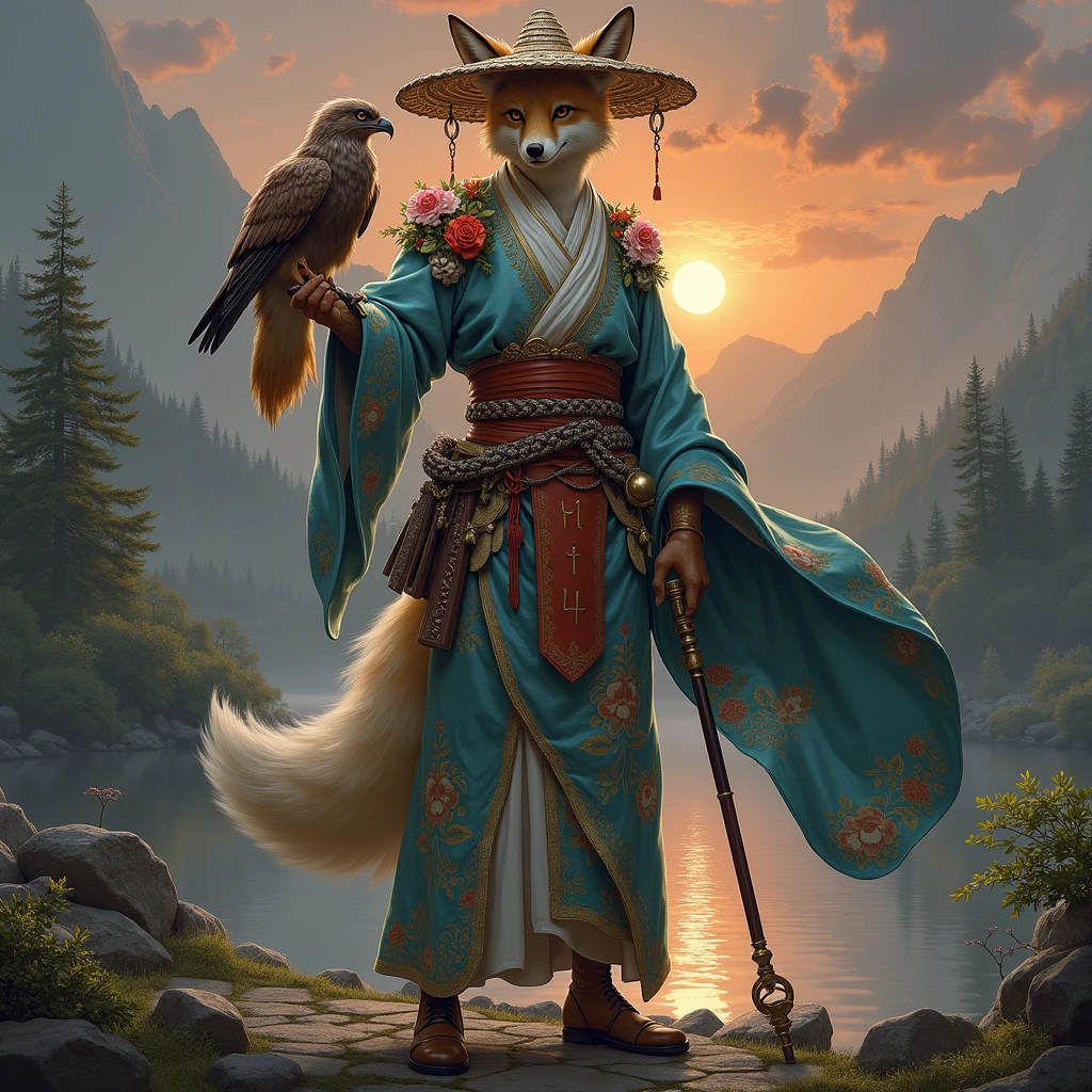 Detailed scene of a humanoid character with fox features, dressed in traditional Japanese clothing inspired by a kimono. The character wears a straw hat decorated with flowers and other elegant ornaments.. He is holding a cane or weapon, and at his side there is an eagle or falcon perched on his arm. The kimono is turquoise with intricate floral designs and gold detailing., highlighting the elegance of the character. The character&#39;s posture reflects confidence and serenity. In the background, A natural landscape is observed that could be a