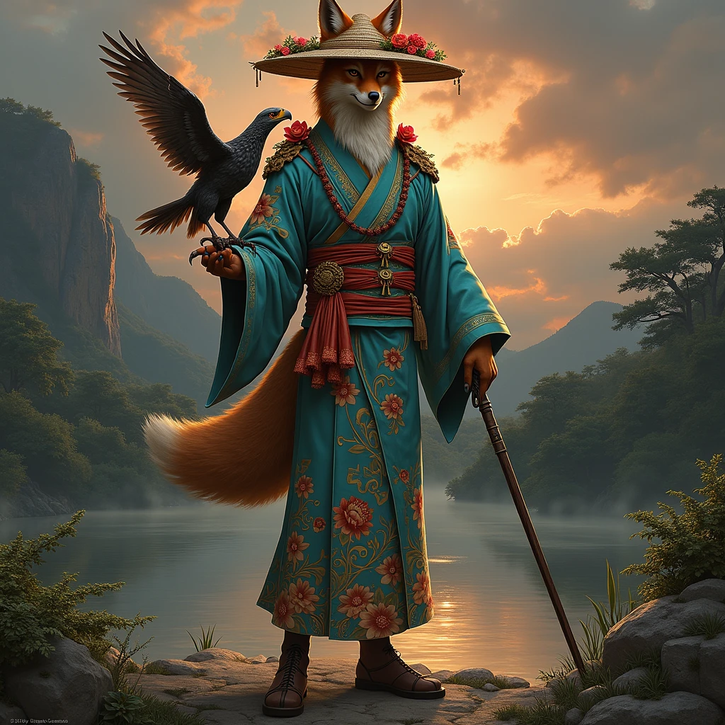 Detailed scene of a humanoid character with fox features, dressed in traditional Japanese clothing inspired by a kimono. The character wears a straw hat decorated with flowers and other elegant ornaments.. He is holding a cane or weapon, and at his side there is an eagle or falcon perched on his arm. The kimono is turquoise with intricate floral designs and gold detailing., highlighting the elegance of the character. The character's posture reflects confidence and serenity. In the background, A natural landscape is observed that could be a
