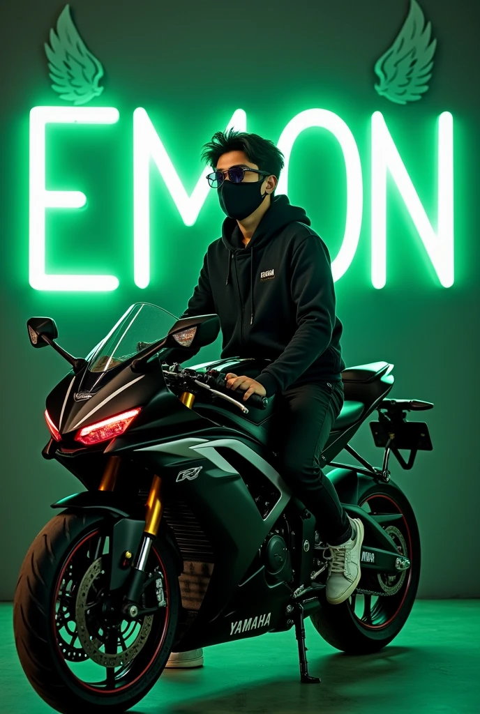 25-Year-old cute boy in a wearing a jacket Sitting
casually on a Yamaha R1M bike. Wearing sneakers,
with black mask, and sunglasses, he looks ahead.
The background features "EMON" in big and
capital green neon light fonts on the dark grey wall.
and there are wings to make it appear as if he is
an angel.