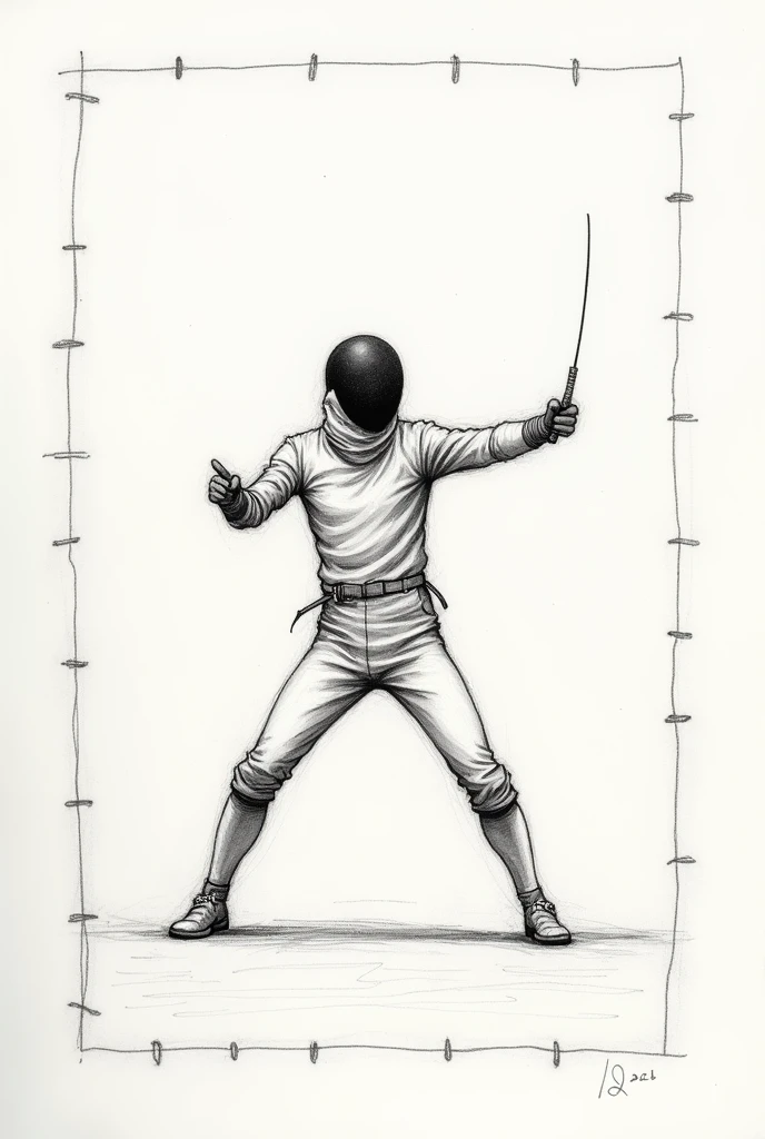 Hand drawn illustration of a fencer full body, sketchbook, without background. Just border