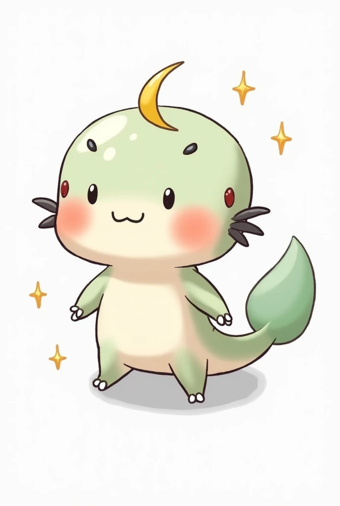 Chibi axolotl with a crescent moon on its forehead, with transparent background