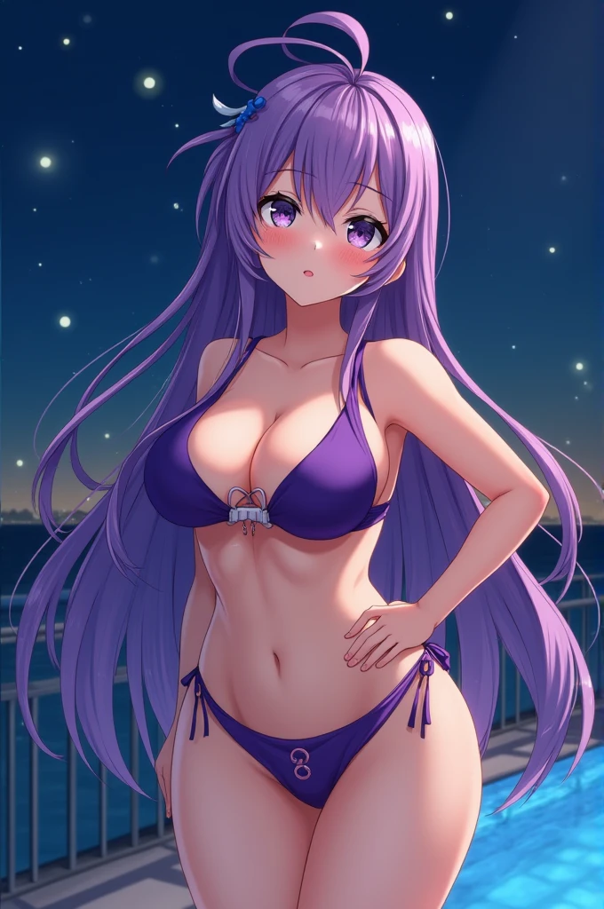 an anime image of an anime girl with large breasts and long purple hair standing on a deck, 1girl, swimsuit, breasts, passionlip (fate), bikini, purple bikini, long hair, purple hair, pool, solo, o-ring, night, huge breasts, navel, very long hair, o-ring top, hair ribbon, hand on hip, ribbon, blush, looking at viewer, sky, night sky