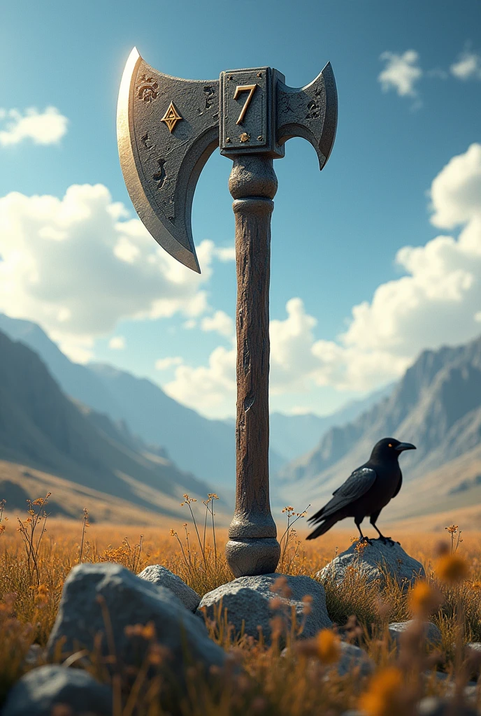 Realistic image 4k ultra HD axe name Rafael stuck number 7 field, moutain, clouds, Masonic symbol, crow 