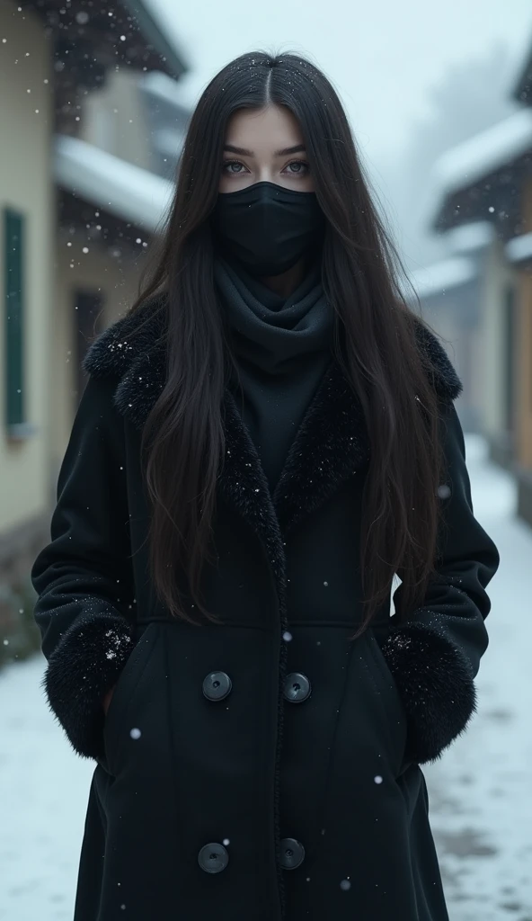 (Extremely detailed CG:1.2), (Masterpiece:1.2), (The best quality:1.2),,((absurdities)),looking at the viewer,whole body,,(1girl),only, slavic girl,  in blackmedicalmask,  (long dark hair),in Italy village, snowy winter, snowfall,  traveling wearing 
black fur clothes ,Dynamic Angle,Standing,dynamic pose,((Delicate facial features)),(black eyes)