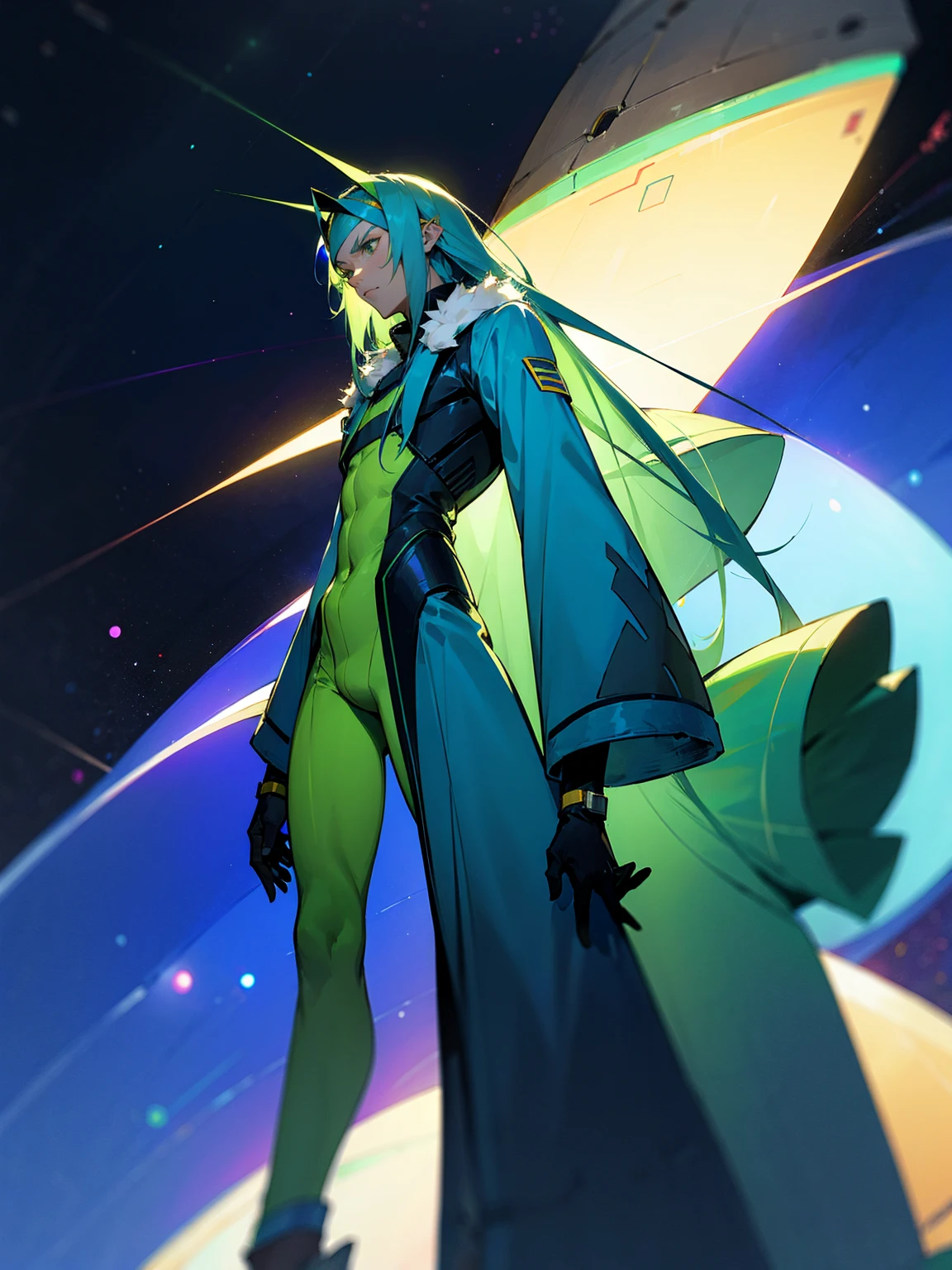 1male, green skin, antennae, long blue hair, headband, super suit, oversized fur coat, serious space, standing on spaceship