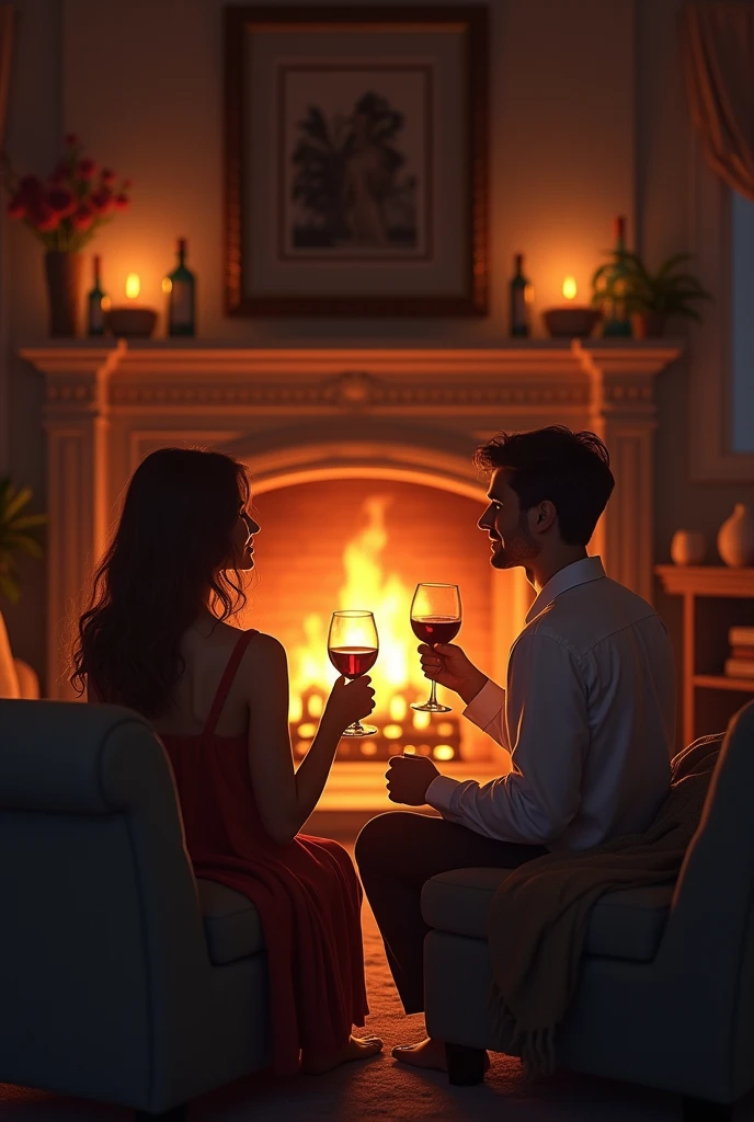 Create a cozy atmosphere with a lit fireplace and two glasses of wine