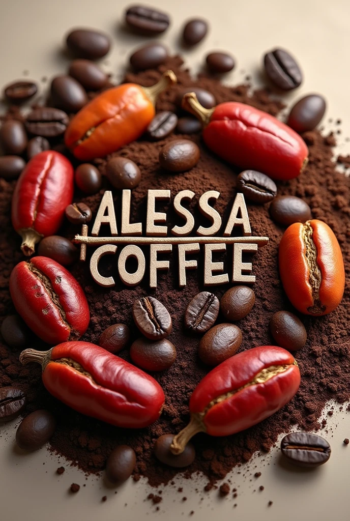 Create roasted coffee beans surrounded by ripe coffee seeds and below there is ground coffee and the center has the phrase: ALESSA COFFEE JINOTEGAN COFFEE.