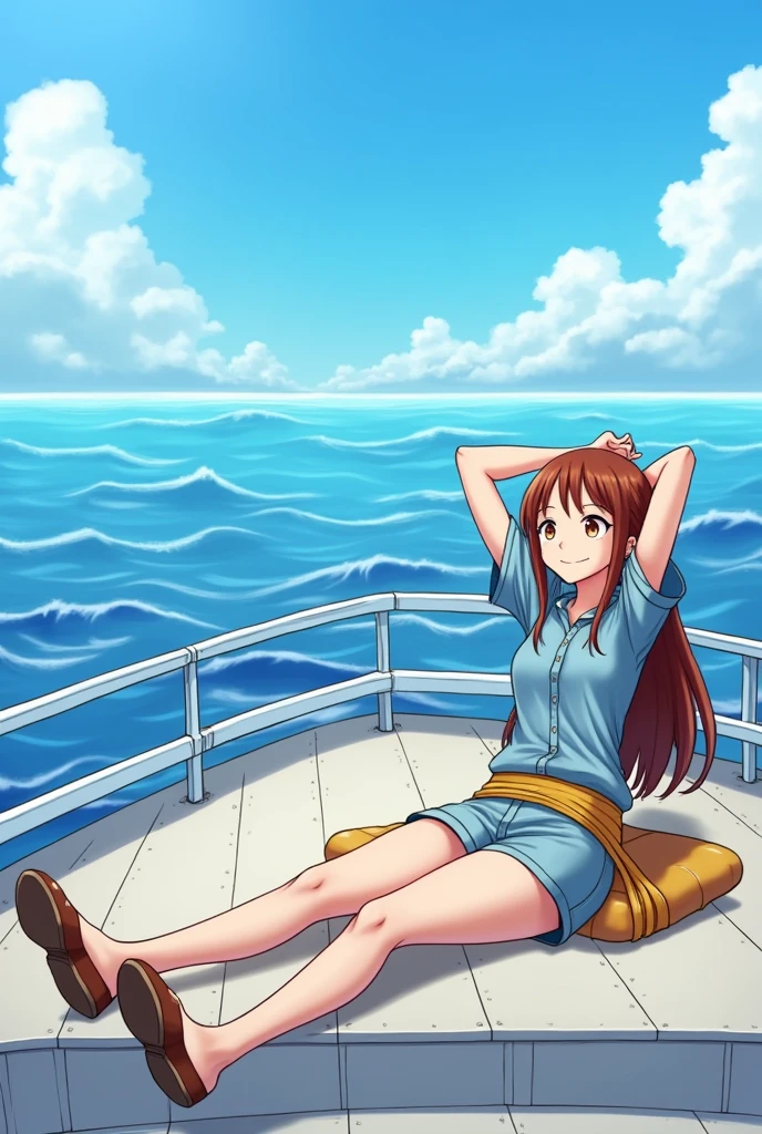 Nami is a character from the anime One Piece。, She's part of the Hay Hat cast. According to the description I requested, I will explain in detail Nami stretching on the ship using 3D technology.. (3d):
Nami is a young and cute ager., Around 18 years old. She has long brown hair, big, Beautiful orange eyes, White skin and pretty facial features..
Nami has a slim and athletic body, If you are of average height. Have a symmetrical and well-defined body shape, Maintains a smooth, feminine figure.
As she stretched out on the boat、, Nami appears in her traditional attire. You are wearing a knee-length light blue shirt, And shorts of the same color. She is also、Yellow belt around the waist、I'm wearing brown shoes..
Nami stretches her legs、Hands placed behind the head or on a small pillow。... Enjoy the fresh air and ocean views、Look calm and relaxed.
Allows visualization of ships and the ocean floor in 3D graphics, A place where you can see the details of the waves and clear blue skies..
I hope you liked this explanation。Also、I hope this helps you imagine Nami stretching realistically in 3D on the ship.。.