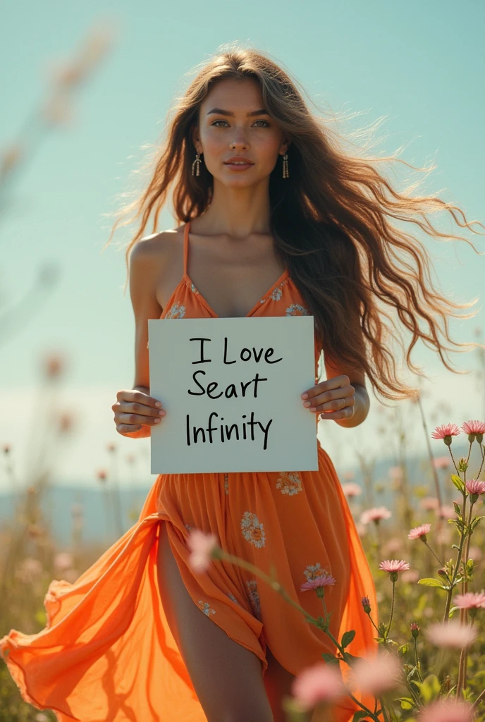 Beautiful girl with wavy long hair, bohemian dress, holding a white board with text "I Love Seaart Infinity" and showing it to the viewer