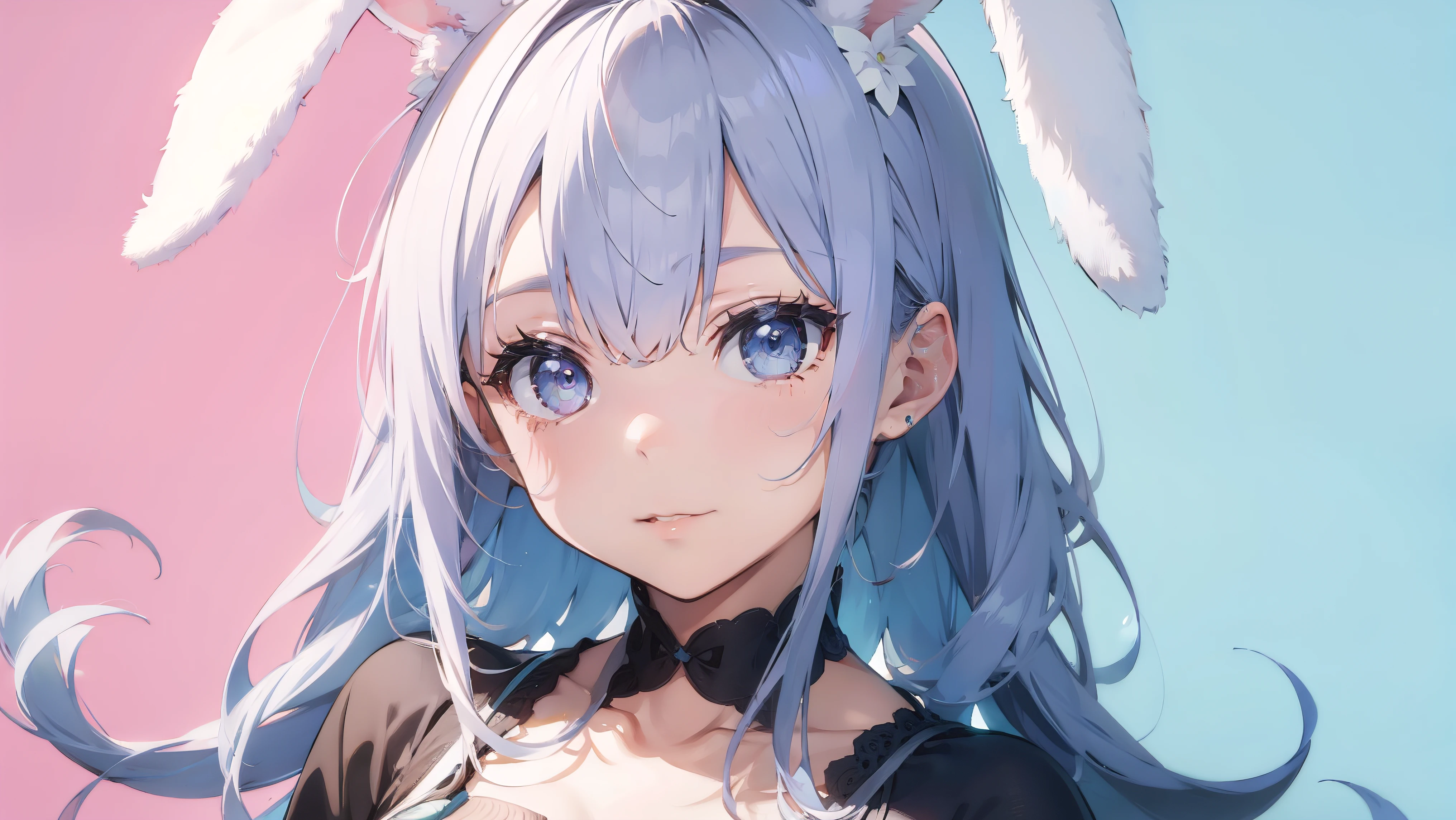 Highest quality, pretty girl, pastel colour, Fluffy bunny ears, Silver Hair,Blue colored eyes,Background is solid color,pop、colorful,wallpaper style