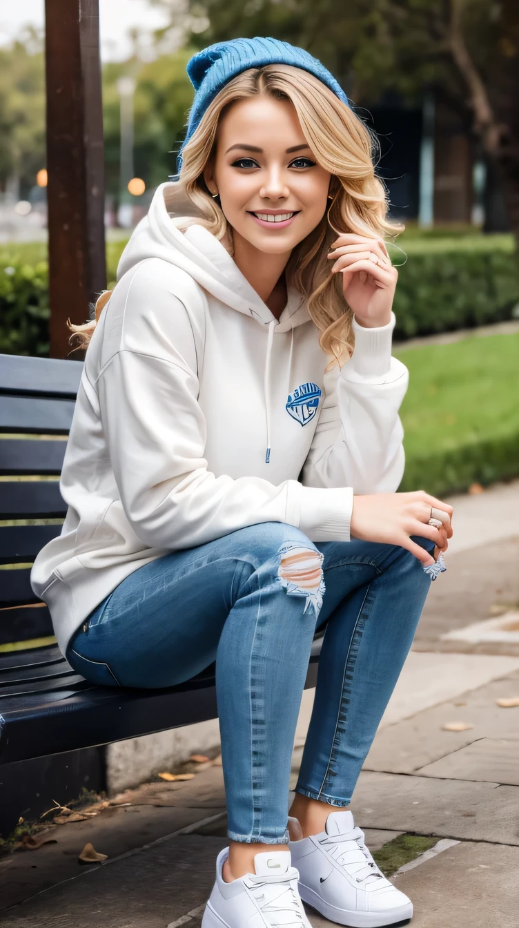 Super Resolution、Beautiful Caucasian Woman、Full body photo、sitting on a park bench、Blonde Hair、blue eyes、Wavy Hair、ear piercing、necklace、hoodie、Skinny jeans、sneakers、smile、Beautiful teeth alignment