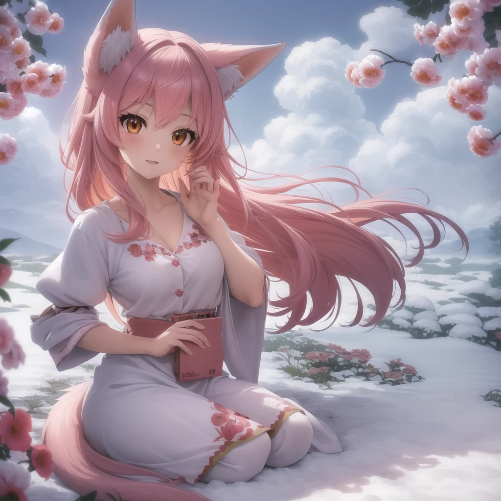 Nine snow-white fox tails (1.0), Milky white fox tail (1.0), Nine-tailed fox close-up, Nine Tails, Nine Tails, Pink Hair、Wearing a pink dress、Anime girl with flowers in her hair, very Beautiful anime fox girl, Beautiful anime fox girl, Beautiful fantasy anime, Gu Weiss, Anime girl with fox ears, Beautiful anime girl, Very beautiful and cute fox girl, Pink Flower Rain, Background blur, Anime style 4k, Anime Fantasy Artwork, 4k anime wallpaper, Guvez-style artwork