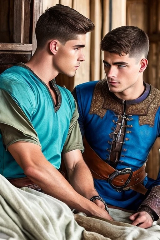 Photo-realistic. A pleased, -yeld, hsome, muscular Caucasian man with fade-cut, brown hair, and blue eyes, wearing shabby, sleeveless, leather armor, with metal shoulder guards, boasting, as he tells a dramatic story to a 15-year-o, l Caucan peasant man, with short, brown hair, and blue eyes, in a blue and green tunic, listening in wonder, sitting next to each other on a simple bed, in a rustic inn room, at night.