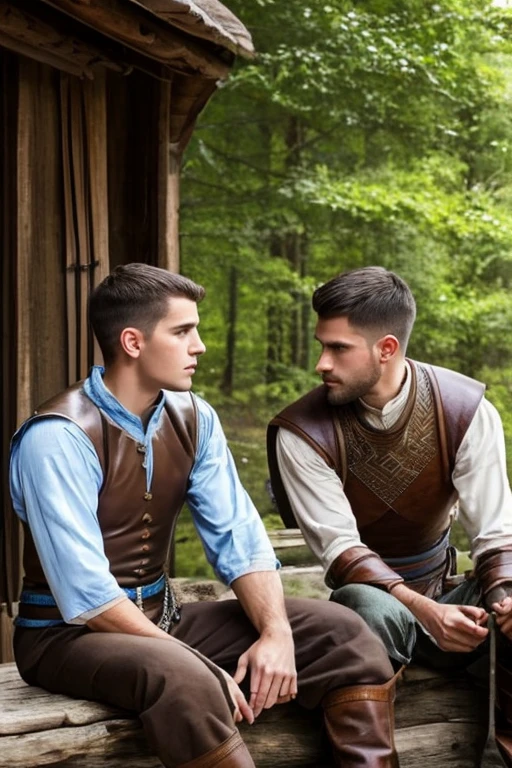 Photo-realistic. A pleased, -yeld, hsome, muscular Caucasian man with fade-cut, brown hair, and blue eyes, wearing shabby, sleeveless, leather armor, with metal shoulder guards, boasting, as he tells a dramatic story to a 15-year-o, l Caucan peasant man, with short, brown hair, and blue eyes, in a blue and green tunic, listening in wonder, sitting next to each other on a simple bed, in a rustic inn room, at night.