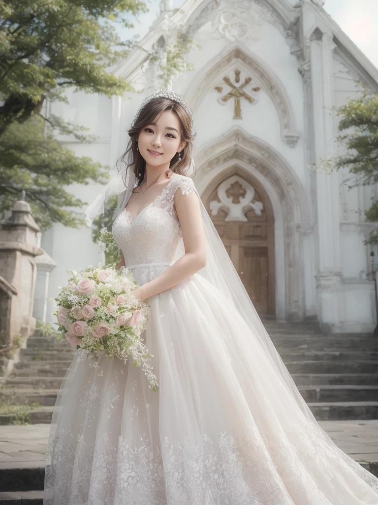 Photo-realistic quality、a woman in a Wedding dress holding a bouquet of flowers、Standing in front of the church、20 year old Japanese model、白のWedding dress,Hanae Mori style wedding dress、Japan idols at 20 years old、lace prom dresses、looking at the camera、Cute smile、Relaxed and gentle expression、holding a bouquet, Wedding dress, So magical and dreamy、35ｍｍ Lens aperture F2.Shot at 8、Full body photo、From head to toe、A wedding dress that spreads wide enough to cover the toes、Narrow waist