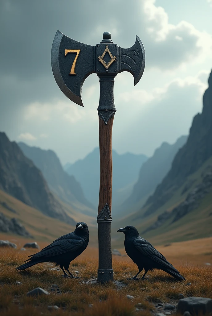 Realistic image 4k ultra HD axe name Rafael stuck number 7 field, moutain, clouds, Masonic symbol, crow 