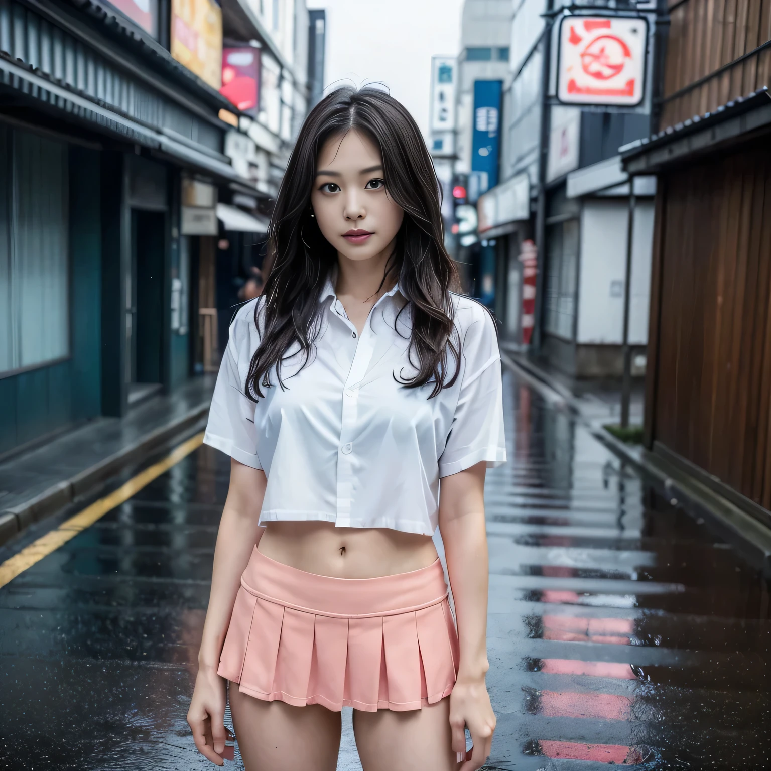 1 girl, Track and field athlete, In Kabukicho, Shinjuku ward, Tokyo, Cityscape, Night cityscape:1.21, Neon Street:1.21, Rainy night:1.21, Body wet with rain,  Raindrops bounce off my body, Are standing:1.37, high school girl, Brown Hair, Medium:1.21, (((Rain-soaked shirt, skirt, Her underwear is visible))), Above Knee Body Photo, close, Are crying, ((Highest quality:1.4), 32K resolution, (Realistic:1.5), (超Realistic:1.5), High resolution 32k UHD, (masterpiece:1.2)), (Improvement of quality:1.4), (Very beautiful facial details), (Highest quality realistic skin texture:1.4), (Perfect anatomy:1.2), Highly detailed eyelash drawing, (((Best image quality))), Flat Chest, Fine skin, (Beautiful Hair), (Anatomically correct proportions), (Realistic), (Dynamic Angle), Seductive pose,perfection, Sensual look, Cinema Lighting, 