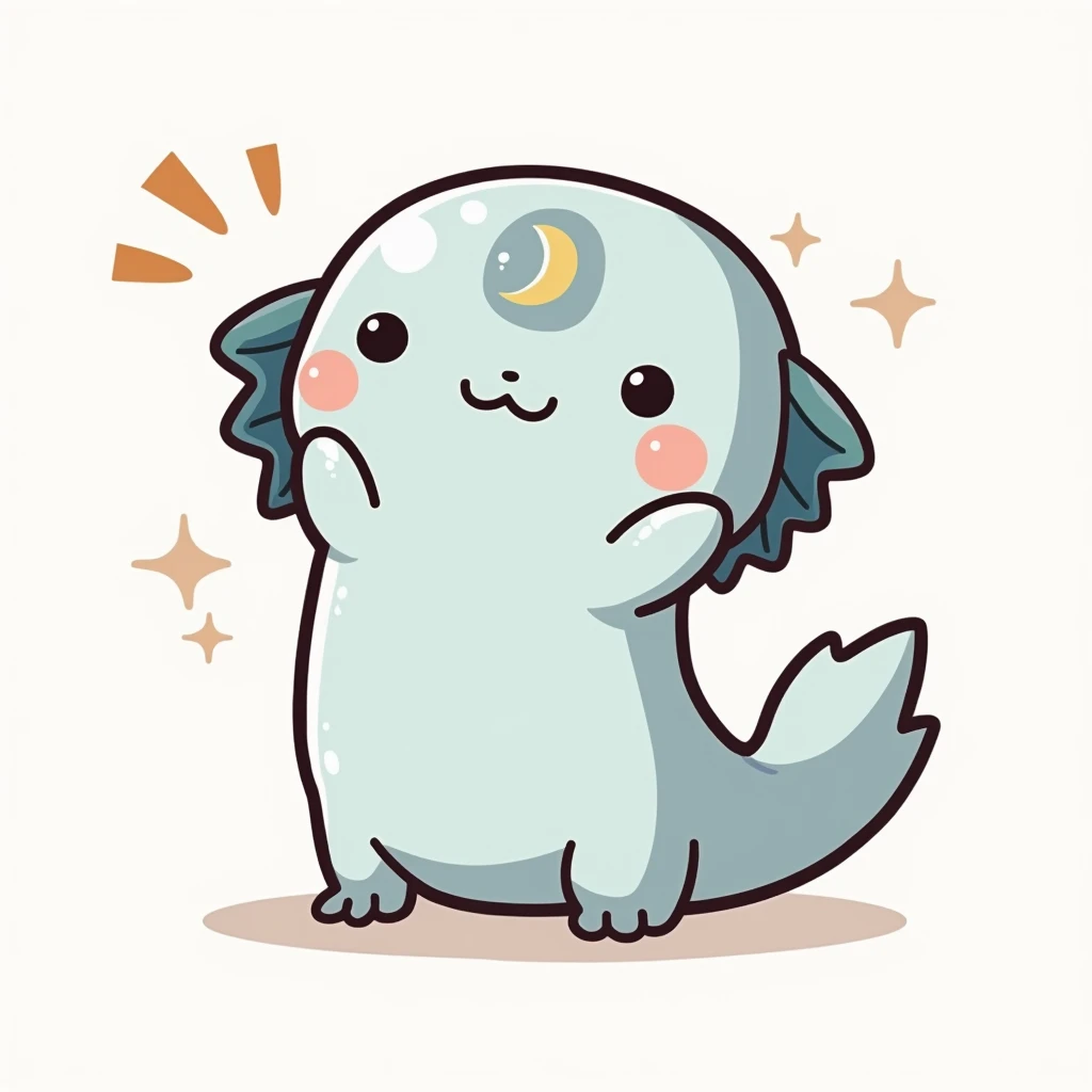 Kawaii axolotl with a crescent moon on its forehead, with transparent background