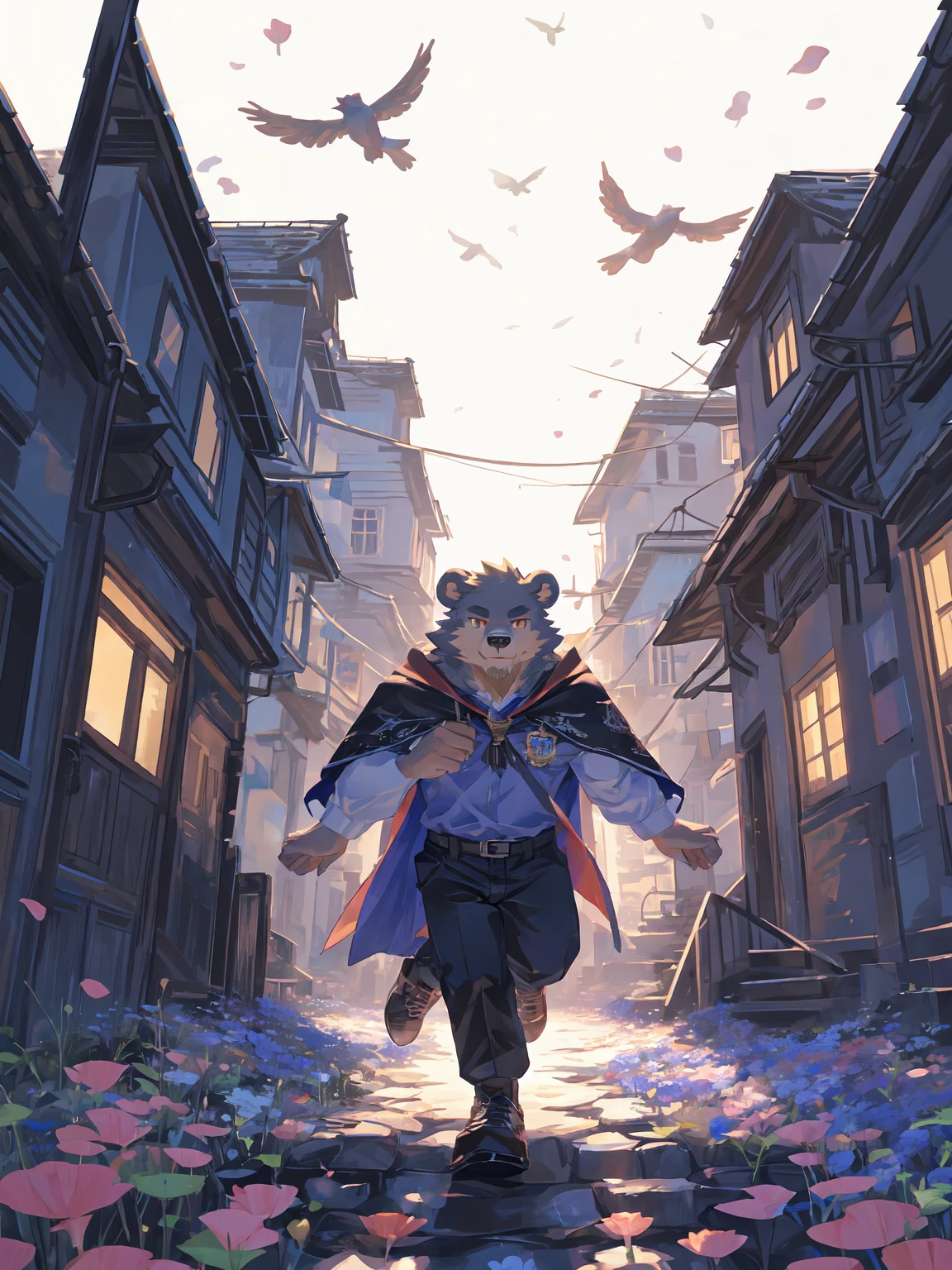 ultra-detailed,extremely detailed and beautiful, sky and white cloud and sunset glow background,ultra-detailed birds, (floating city in bloom, Floating petals, blooming gardens in the sky, many vines on the wall:1.2),Imagination,(masterpiece:1.2), best quality,pixiv,official art,perfect anatomy, (Ray tracing, light),solo, (1_male:1.3) , (muscle), (grey fur:1.4), (muscle bear), (beard:1.2), (gleaming golden eyes), bear tail, full body, Thick black eyebrows, Harry potter style,WIZARDRY UNIFORM,HOGWARTS,cloak,cardigan,shirt,pants,leather shoes,full body,(pure white background: 1.3), looking at viewer,dynamic pose