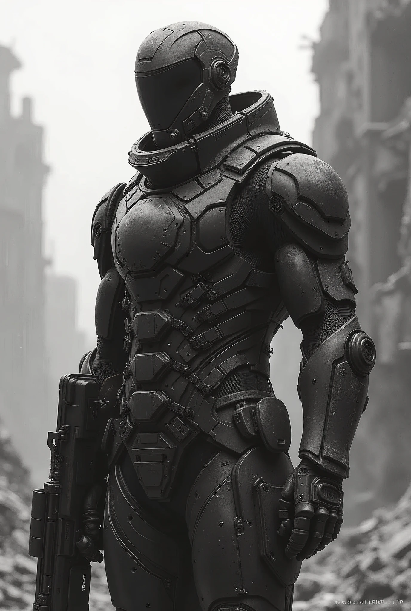 Black and white, modern cybernetically enhanced soldier, born and bred to fight against the rogue AI and warlords that plague this godforsaken world