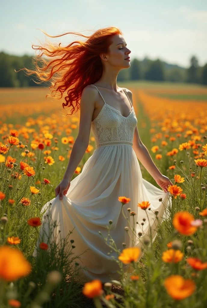 the same redhead but now spinning on the ground of a field of flowers 