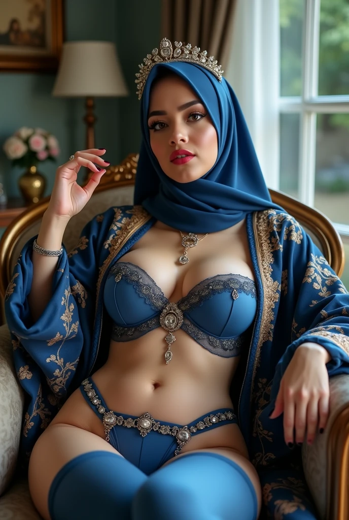 ((no_Pantise:1.5)) (((Full naked and nude Beautiful woman))) (group photo of prostitutes:1.5) (((red lipstick))) (beautifull lady with gigantic breast), wear detail luxury blue hijab, lying on luxury chair, (hand under luxury pillow), (luxury blanket), (window with luxury frame), (luxury flower vase), (luxury small table and glass of wine), (luxury lamp), (luxury parfume bottle), (luxury ornament on the wall), (blue strapless bra), (luxury kimono), (detail luxury garter belt), (luxury stocking), (luxury high heels), (luxury crown), (show cleaveage), (show underboobs) , (show sideboobs), (show thigh), (underboobs ornament), (luxury chest ornament), (luxury arm ornament), (luxury hips ornament), (gigantic breast:1,9), beautifull face, beautifull eyes, beautifull nose, sexy lips, raytracing, nsfw, beautifull fingers, beautifull hands, sexy belly, sexy body, sexy shoulders, sexy legs, sexy hips, (luxury bracelet), (luxury ring), (luxury necklace), white skin, (4 fingers in 1 hand), full body picture, pretty makeup, good lighting, realistic shadow, professional photography, blue and gold color scheme, 4k resolution, perfect anatomy, nsfw, nipples. (((red lipstick))) Craft an outstanding portrait that celebrates the beauty and individuality of a Malay girl in a hijab. Showcase her personality and story through creative composition and lighting. Use natural light or unique artificial lighting to add depth and character to the portrait. Pay attention to the details, perfect hijab style, colourful hijab style (((Malay prostitute, Malay gorgeous, Malay beauties))), ((Brown eyes)), hers vagina in Vaginal_chrome (chained choker_linked_rod:1.4), (((hairy covers the pubic area: 1.6))), (closeup the vagina), ((exposed naked uterus)), (Erotic:1.5), ((sharp focus)), (looking at viewer)