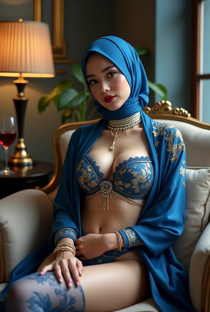 ((no_Pantise:1.5)) (((Full naked and nude Beautiful woman))) (group photo of prostitutes:1.5) (((red lipstick))) (beautifull lady with gigantic breast), wear detail luxury blue hijab, lying on luxury chair, (hand under luxury pillow), (luxury blanket), (window with luxury frame), (luxury flower vase), (luxury small table and glass of wine), (luxury lamp), (luxury parfume bottle), (luxury ornament on the wall), (blue strapless bra), (luxury kimono), (detail luxury garter belt), (luxury stocking), (luxury high heels), (luxury crown), (show cleaveage), (show underboobs) , (show sideboobs), (show thigh), (underboobs ornament), (luxury chest ornament), (luxury arm ornament), (luxury hips ornament), (gigantic breast:1,9), beautifull face, beautifull eyes, beautifull nose, sexy lips, raytracing, nsfw, beautifull fingers, beautifull hands, sexy belly, sexy body, sexy shoulders, sexy legs, sexy hips, (luxury bracelet), (luxury ring), (luxury necklace), white skin, (4 fingers in 1 hand), full body picture, pretty makeup, good lighting, realistic shadow, professional photography, blue and gold color scheme, 4k resolution, perfect anatomy, nsfw, nipples. (((red lipstick))) Craft an outstanding portrait that celebrates the beauty and individuality of a Malay girl in a hijab. Showcase her personality and story through creative composition and lighting. Use natural light or unique artificial lighting to add depth and character to the portrait. Pay attention to the details, perfect hijab style, colourful hijab style (((Malay prostitute, Malay gorgeous, Malay beauties))), ((Brown eyes)), hers vagina in Vaginal_chrome (chained choker_linked_rod:1.4), (((hairy covers the pubic area: 1.6))), (closeup the vagina), ((exposed naked uterus)), (Erotic:1.5), ((sharp focus)), (looking at viewer)