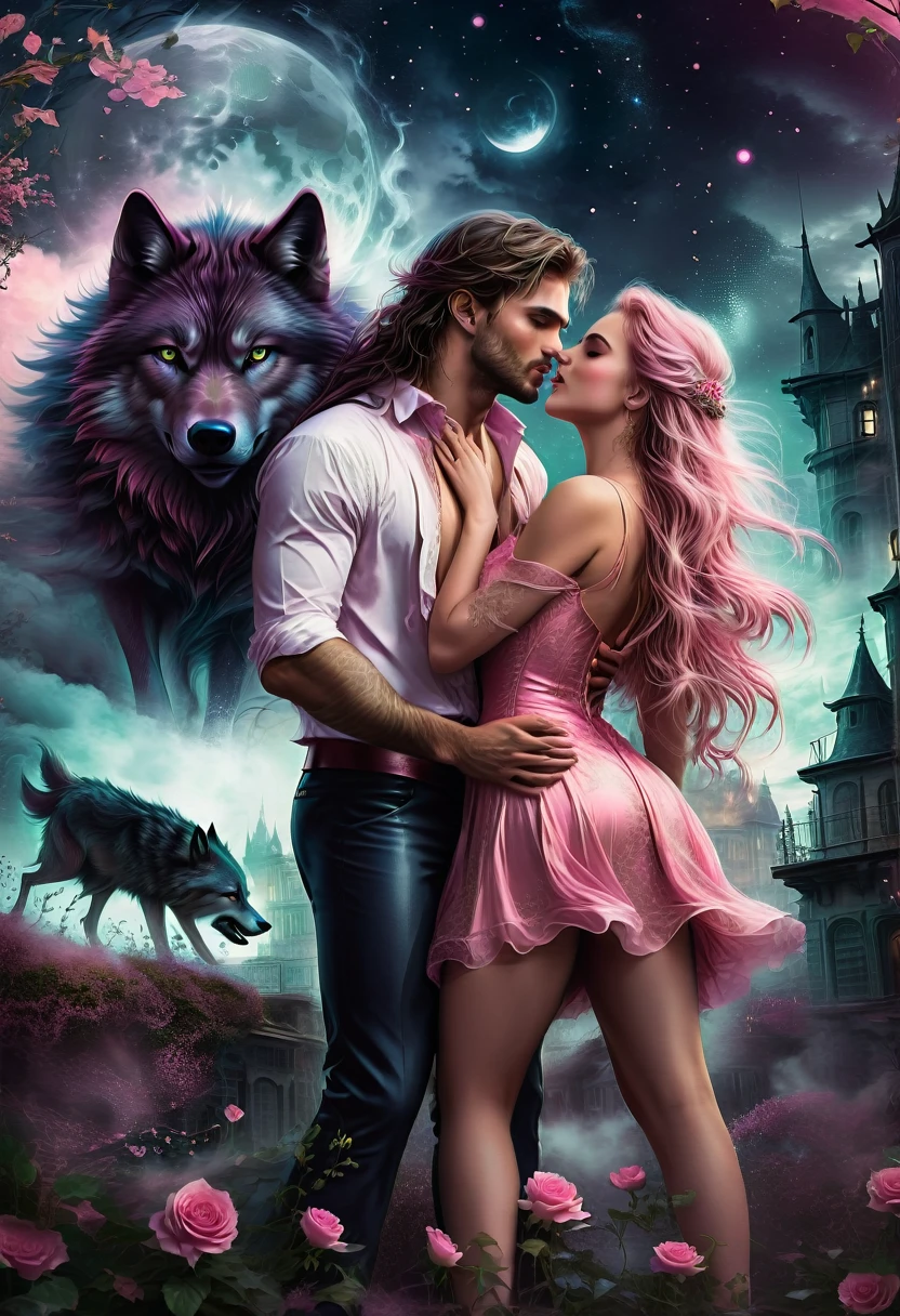 Professional photography in high resolution HD: A woman in a pink dress and a man in a white shirt hug each other in front of a wolf., romantic novel cover, urban fantasy romantic book cover, romantic book cover style, romantic book cover, 