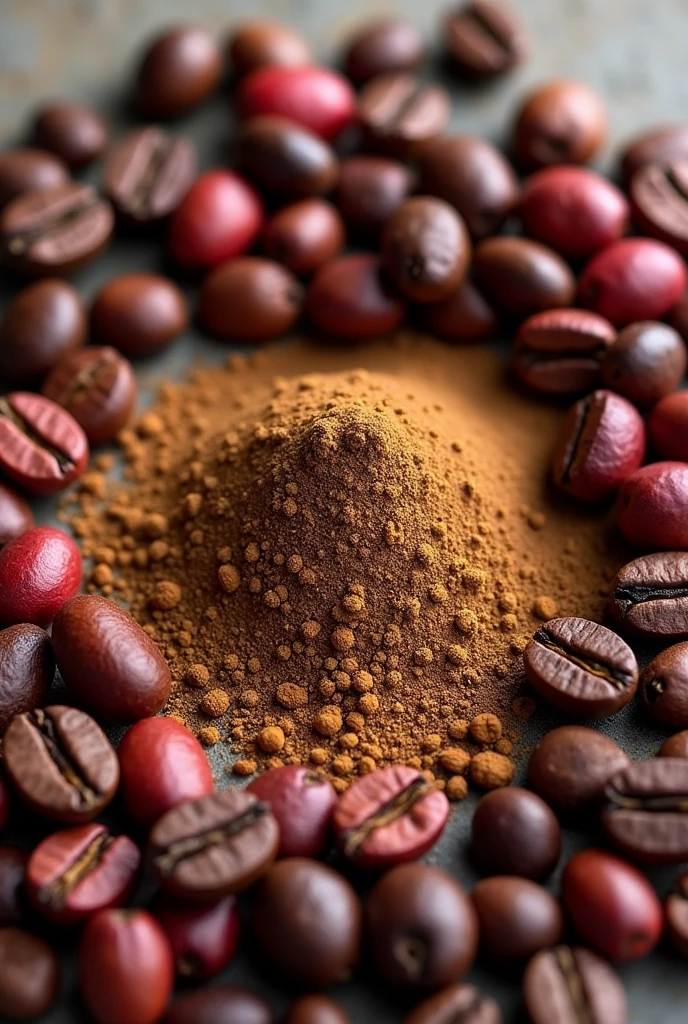Create roasted coffee beans surrounded by ripe coffee seeds and below there is ground coffee and the center has the phrase: ALESSA COFFEE JINOTEGAN COFFEE.