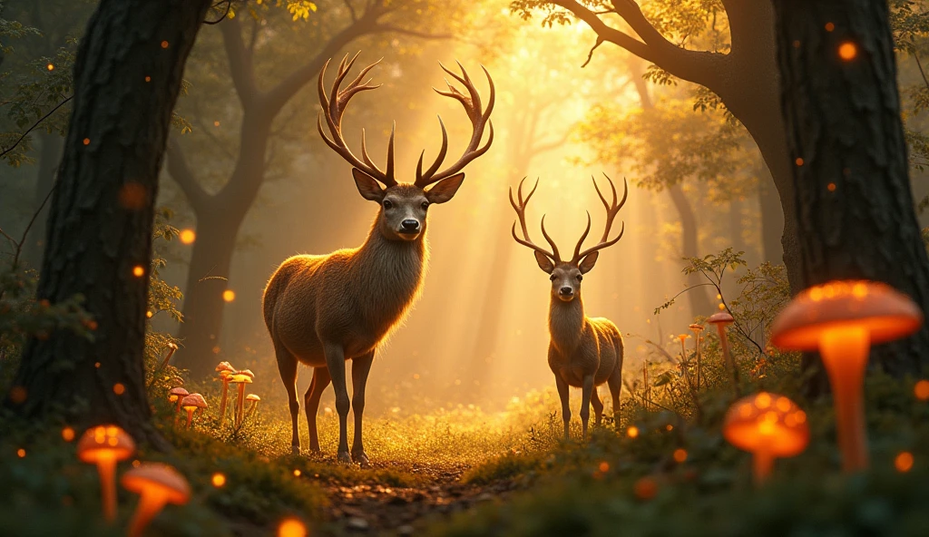 golden an enchanted forest,Magical creatures,glowing mushrooms,sparkling waterfalls,fantasy,Leonora Carrington,a fantasy forest,Hazy perspective,sunlight filtering through the trees,Glowing sika deer,32K UHD