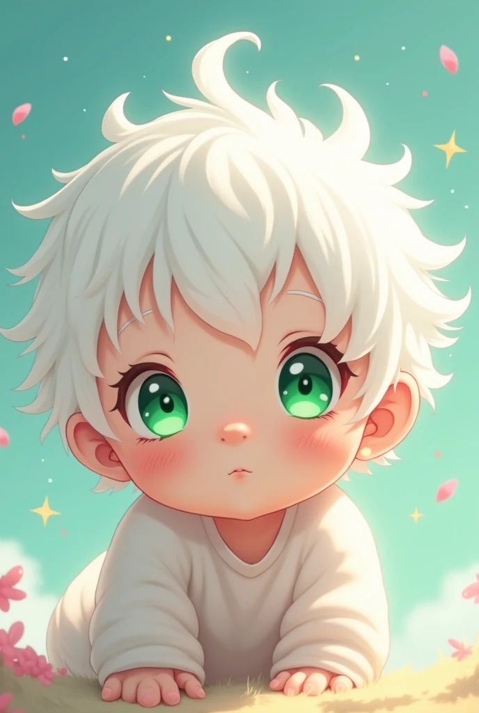 A baby with white hair and green eyes in anime style