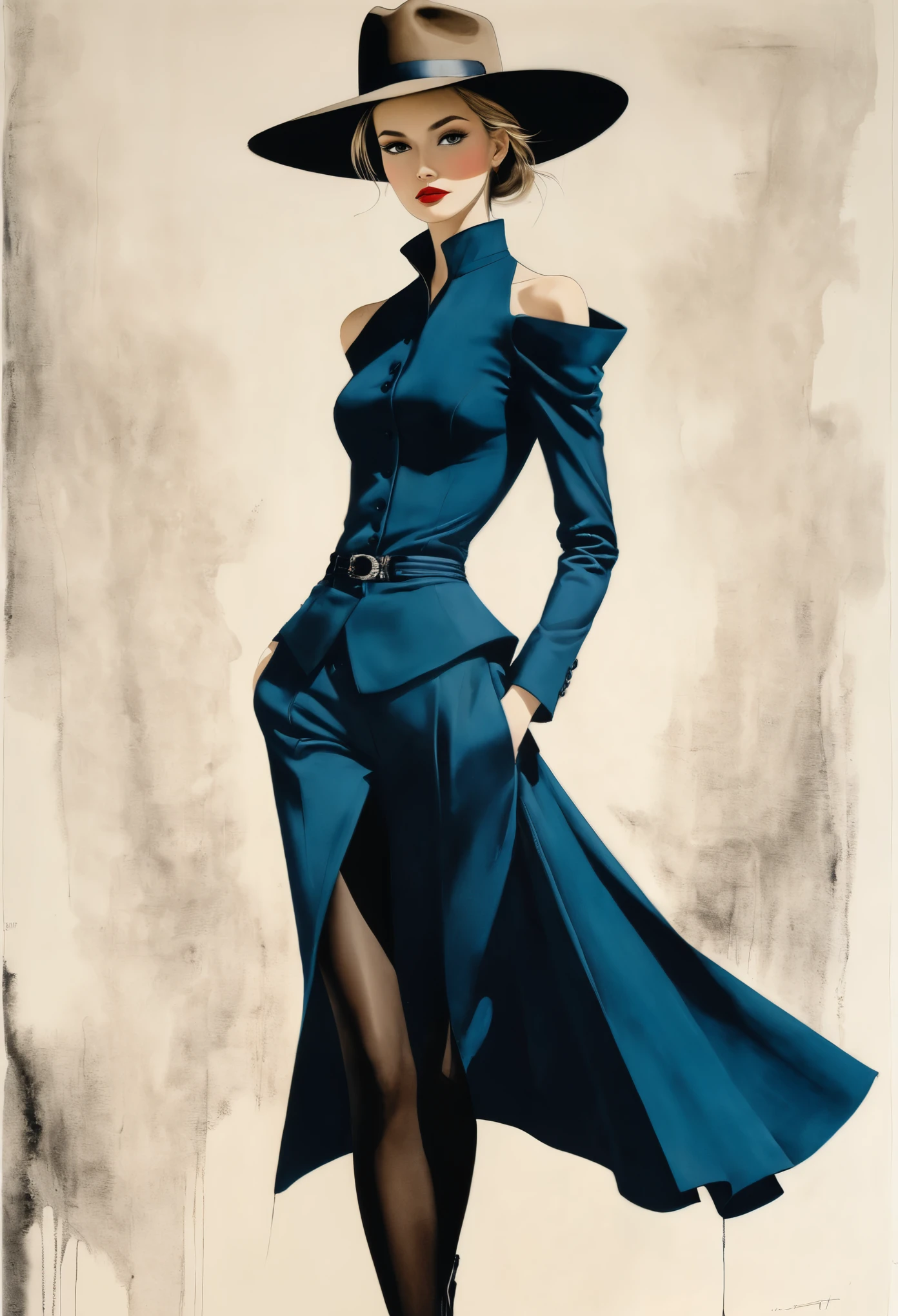 in style of Santiago Caruso,in style of Hans Hartung,in style of Carolina Herrera
1 girl,character concept design,(gravure_pose:1.3),noble,elegant bottom ,absurdres,{cowboy_shot:1.5},parcel shoulder micro top,Lively dynamic color matching,