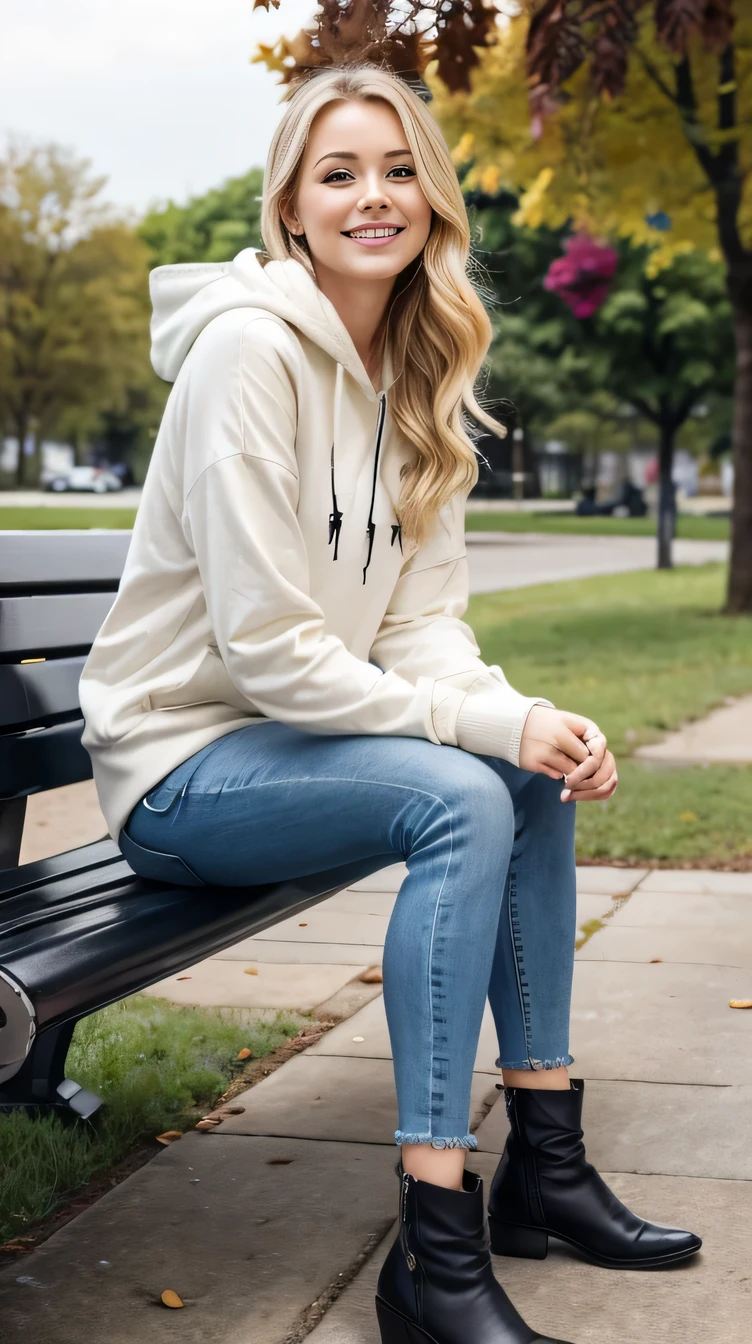 Super Resolution、Beautiful Caucasian Woman、Full body photo、sitting on a park bench、Blonde Hair、blue eyes、、Wavy Hair、ear piercing、necklace、hoodie、Skinny jeans、boots、smile、Beautiful teeth alignment
