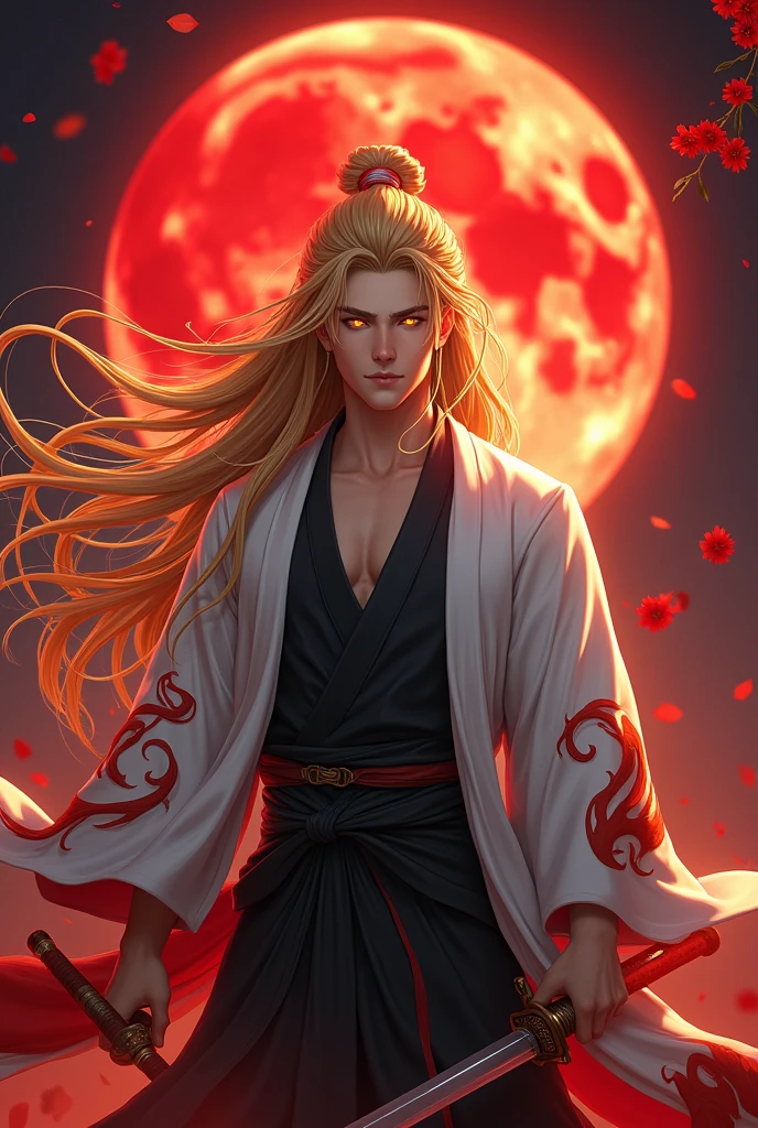 A handsome, sexy man with long golden hair, expressive golden eyes, wearing a white haori with flame patterns, a black Demon Slayer uniform, holding a sword, standing alone in a fantasy scene with red flowers, petals, and a shining red fireflies against a red moon, (best quality,4k,8k,highres,masterpiece:1.2),ultra-detailed,(realistic,photorealistic,photo-realistic:1.37),extremely detailed face and eyes,flames,holding sword