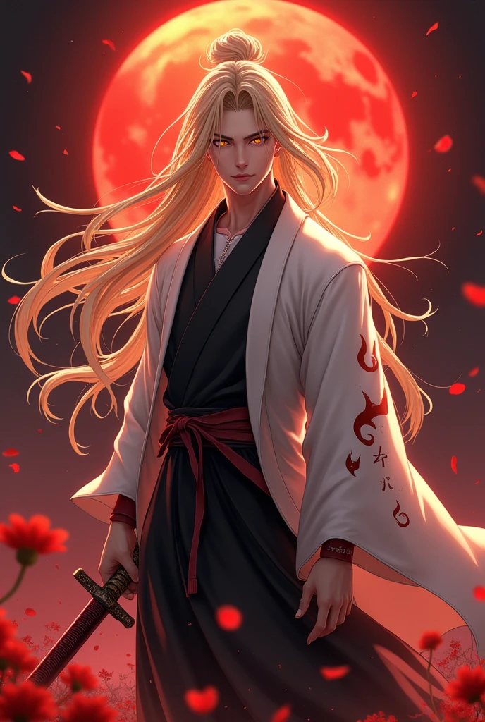 A handsome, ???? man with long golden hair, expressive golden eyes, wearing a white haori with flame patterns, a black Demon Slayer uniform, holding a sword, standing alone in a fantasy scene with red flowers, petals, and a shining red fireflies against a red moon, (best quality,4k,8k,highres,masterpiece:1.2),ultra-detailed,(realistic,photorealistic,photo-realistic:1.37),extremely detailed face and eyes,flames,holding sword