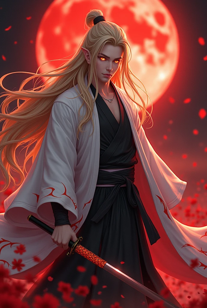 A handsome, sexy man with long golden hair, expressive golden eyes, wearing a white haori with flame patterns, a black Demon Slayer uniform, holding a sword, standing alone in a fantasy scene with red flowers, petals, and a shining red fireflies against a red moon, (best quality,4k,8k,highres,masterpiece:1.2),ultra-detailed,(realistic,photorealistic,photo-realistic:1.37),extremely detailed face and eyes,flames,holding sword