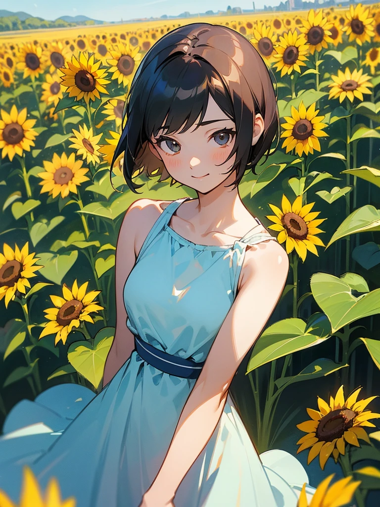  master piece, best quality, for below, cinematic angle, upper body , pigeon toed,  
Anime-style Moe illustration, summer vacation theme, 20-year-old woman, sunflower field, short hair, 
Picnic Maxi Dress, slightly inner thighs, smile, accurate drawing, Active pose, Active Angle, 