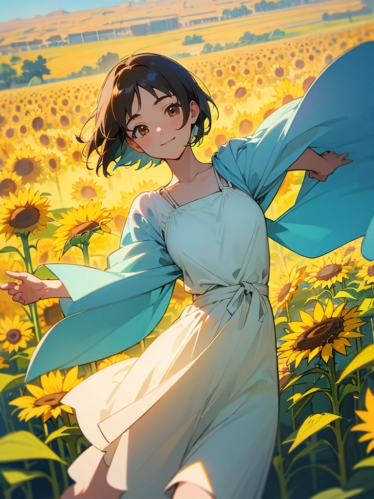 master piece, best quality, for below, cinematic angle, upper body , pigeon toed,
Anime-style Moe illustration, summer vacation theme, 20-year-old woman, sunflower field, short hair,
Picnic Maxi Dress, slightly inner thighs, smile, accurate drawing, Active pose, Active Angle,