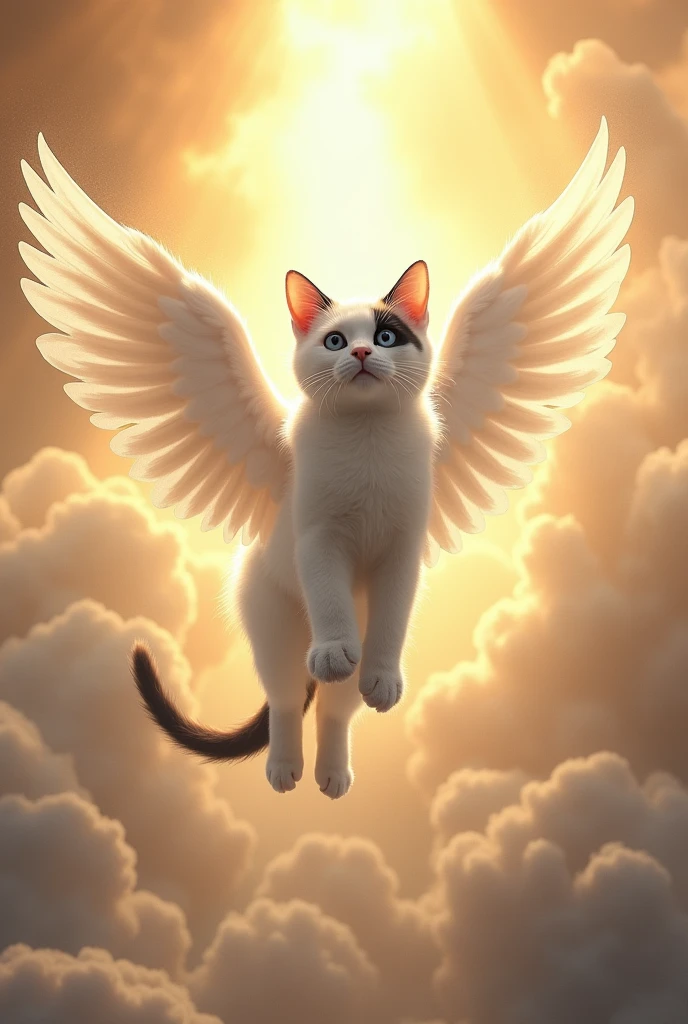 a white cat, black tail,  a large black spot running from his forehead to the tip of his nose and a black mole above the right side of his mouth, entering heaven. The cat that has wings