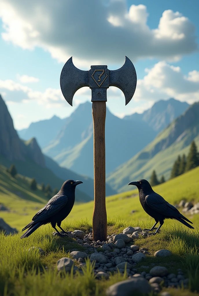 Realistic image 4k ultra HD axe name Rafael stuck number 7 field, moutain, clouds, Masonic symbol, crow 