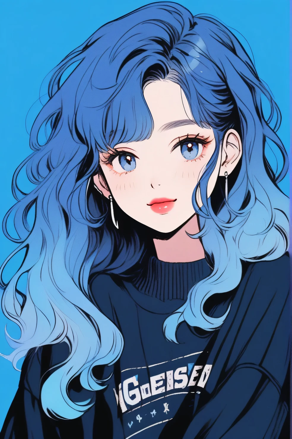 (Highest quality, sketch:1.2),Realistic,Illustrator,anime,1 girl, Detailed lips, sweater, custom, Blue gradient background, Neon Hair, Blue Hair, Medium Wavy Hair, Blunt bangs, Friendly, Cute Smile, A kind smile, Texture Clipping, masterpiece, style: Retro Classic, Dark Black、whole body、Cowboy Shot, ((From head to toe：1.7))