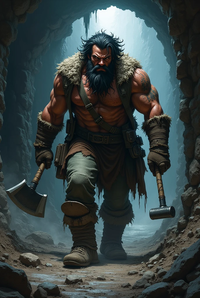 A man with axe and hammer in his hand walking in a coal mine area, big hair, good physique, looking like a villian
