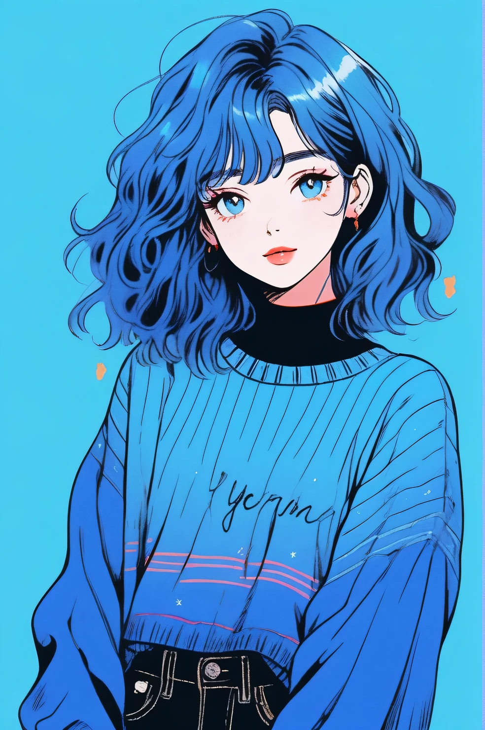 (Highest quality, sketch:1.2),Realistic,Illustrator,anime,1 girl, Detailed lips, sweater, custom, Blue gradient background, Neon Hair, Blue Hair, Medium Wavy Hair, Blunt bangs, Friendly, Cute Smile, A kind smile, Texture Clipping, masterpiece, style: Retro Classic, Dark Black、whole body、Cowboy Shot, ((From head to toe:1.7))