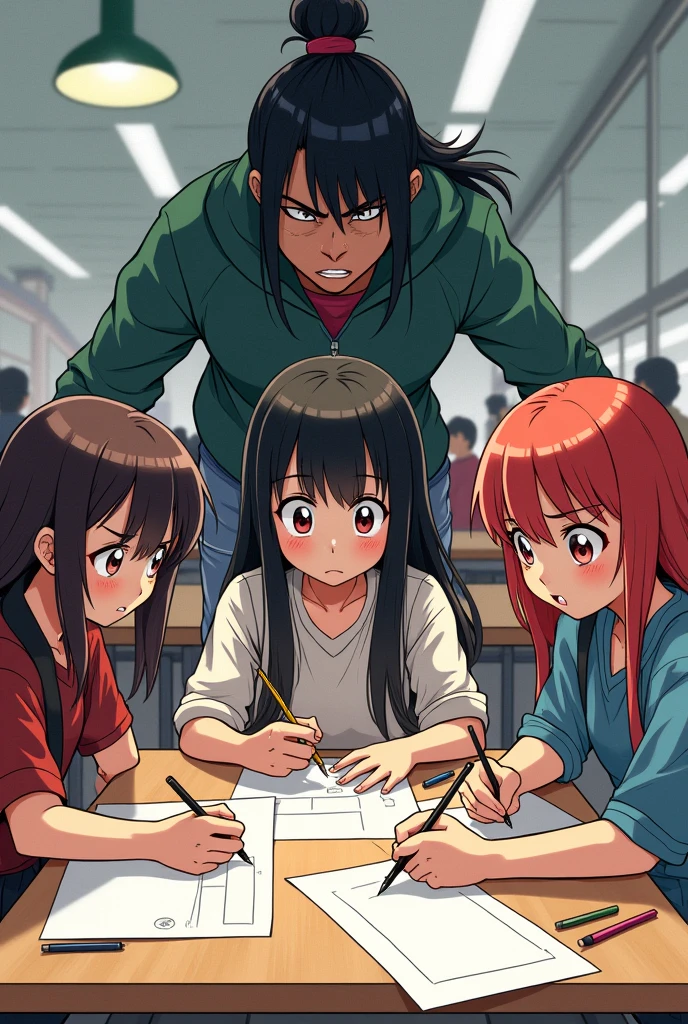 - Drawing manga during lunch break. While the girls were eating in the cafeteria, they were bullied by two female classmates who threw water on their food.
