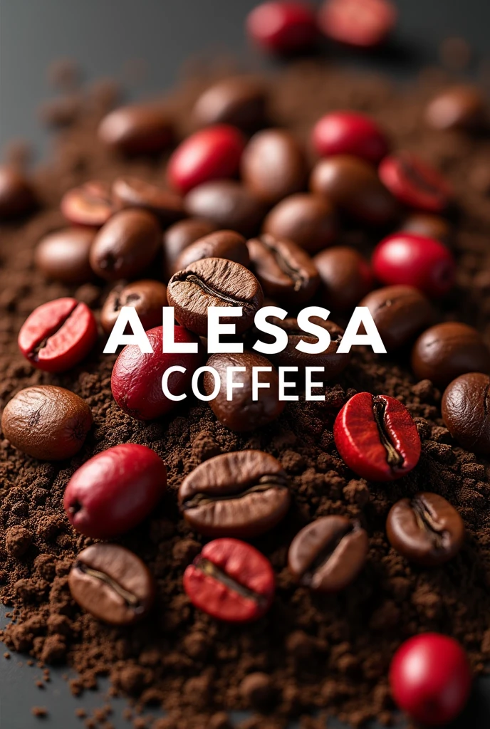 Create roasted coffee beans surrounded by ripe coffee seeds and below there is ground coffee and the center has the phrase: ALESSA COFFEE JINOTEGAN COFFEE.